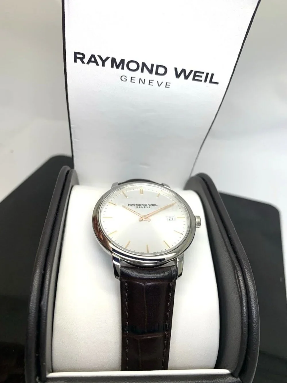 Raymond Weil Men's Watch 5485 Swiss Quartz Silver Dial Brown Leather Strap 39mm